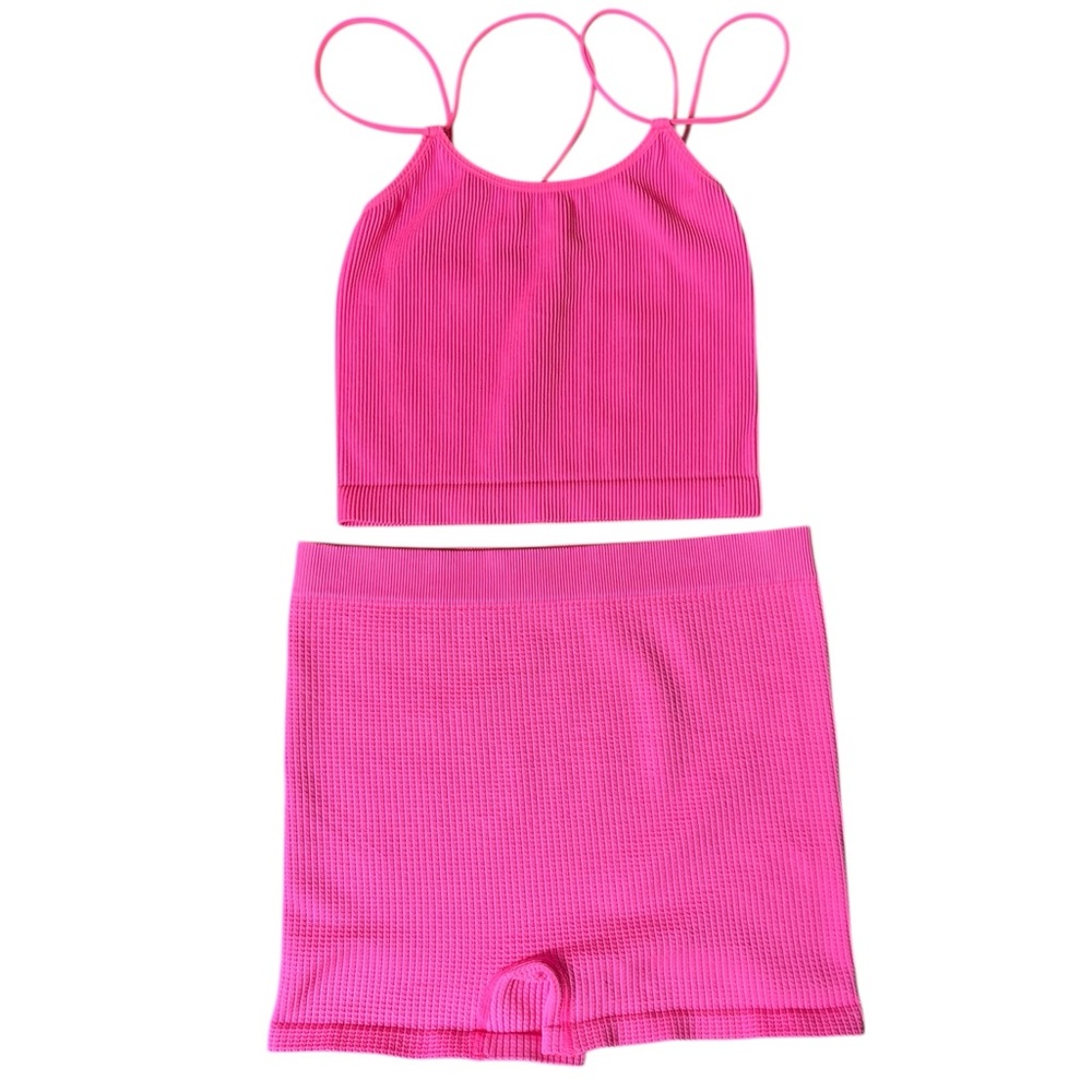Colsie Bright Pink Ribbed Matching Lounge Set Crop Tank & Shorts Size Small